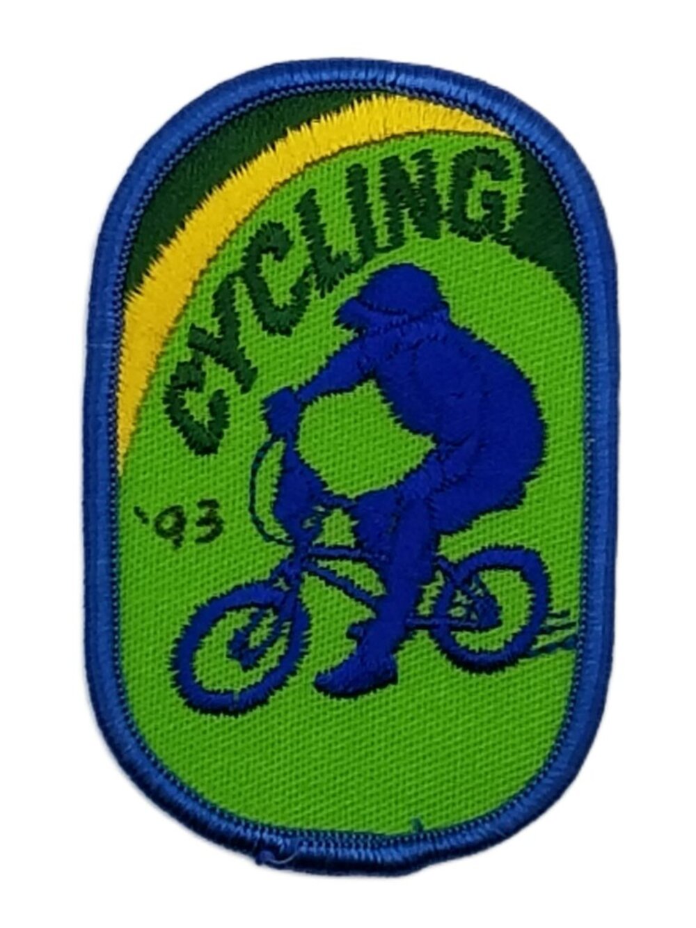 Vintage Cycling Bicycle Patch Bike Rider Green Yellow Blue NOS 2 x 3 Inch